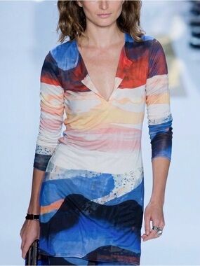 Diane Von Furstenberg Reina Sandscape Dress Mini Silk Long Sleeve Blue Yellow 6